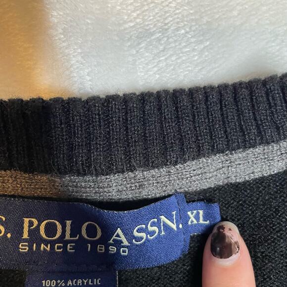 US POLO Argyle V Neck Long Sleeve Pullover Sweater Black Grey White Extra Large - Picture 2 of 3